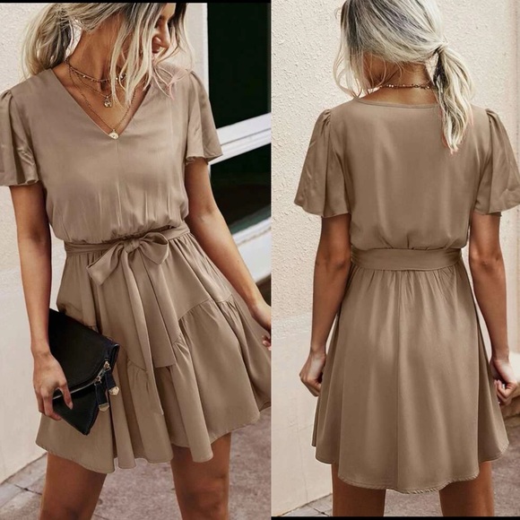 Short sleeve v neck belted flowy boho dress burnt orange - Picture 2 of 8